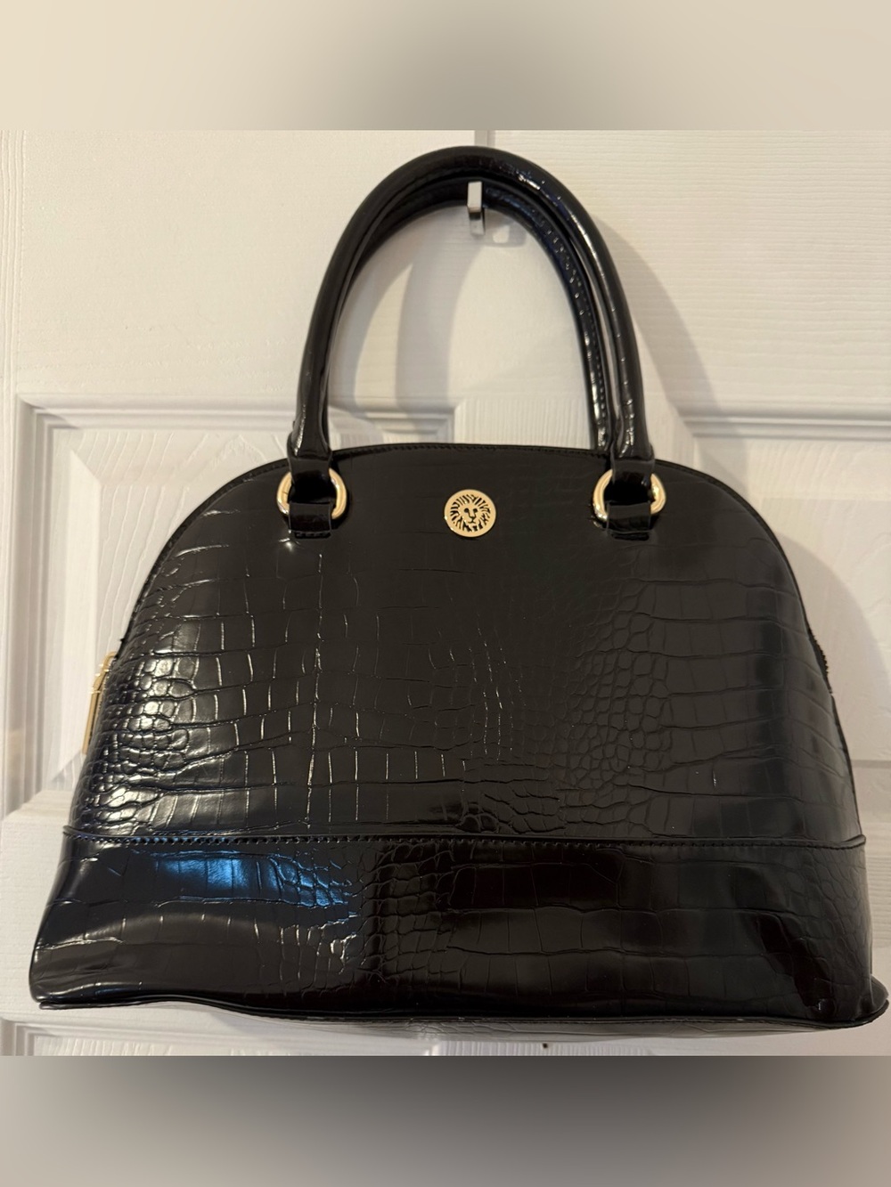 Anne Klein Black Croc Embossed Dome Satchel Crossbody Bag Gold Hardware